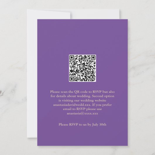 Paarse en Gold Scripting QR Code Wedding Kaart (Achterkant)