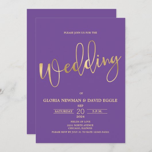 Paarse en Gold Scripting QR Code Wedding Kaart (Voorkant / Achterkant)