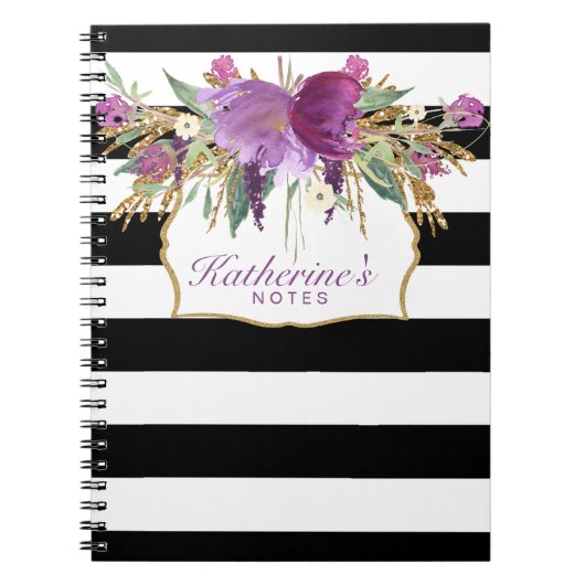 Paarse en Gold Waterverf Flowers-laptop Notitieboek (Voorkant)