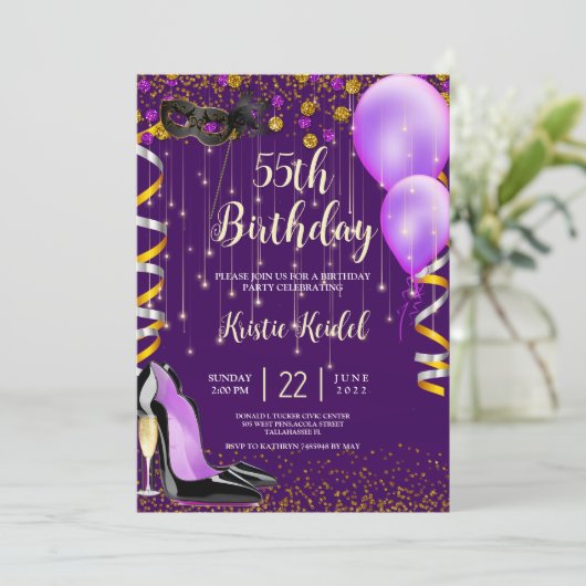 Paarse en Golfballonnen en champagne-uitnodiging Kaart (Staand voorkant)