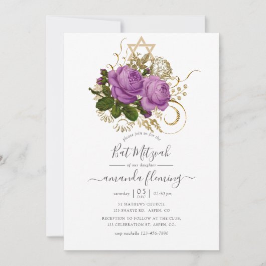 Paarse en goud Chic Floral Bat Mitzvah Kaart (Voorkant)