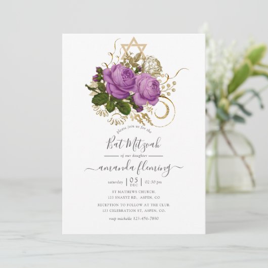 Paarse en goud Chic Floral Bat Mitzvah Kaart (Staand voorkant)