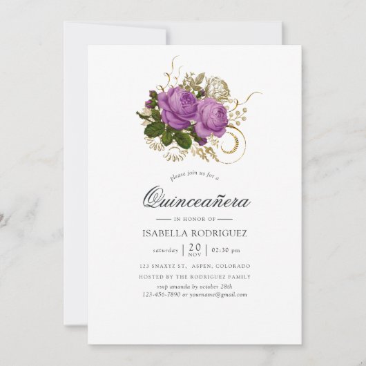 Paarse en goud Chic Quinceañera Kaart (Voorkant)
