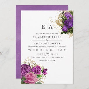 Paarse en goud Floral Monogram Weddenschap Kaart
