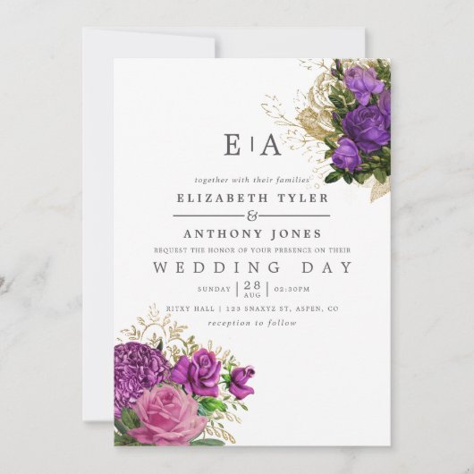 Paarse en goud Floral Monogram Weddenschap Kaart (Voorkant)