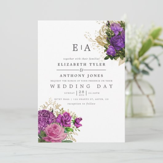 Paarse en goud Floral Monogram Weddenschap Kaart (Staand voorkant)