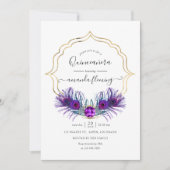 Paarse en goud Peacock Floral Quinceañera Kaart (Voorkant)