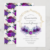 Paarse en goud Peacock Floral Quinceañera Kaart (Voorkant / Achterkant)