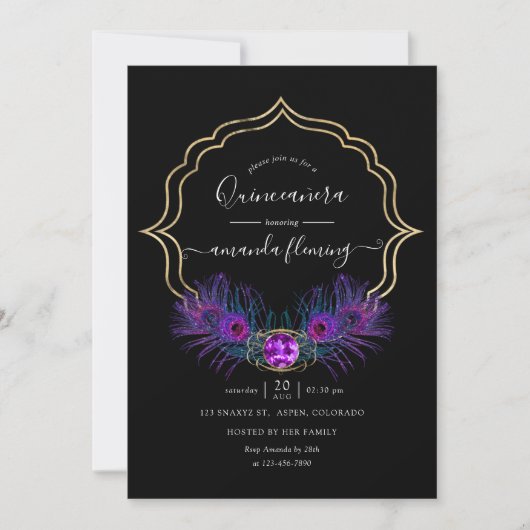 Paarse en goud Peacock Floral Quinceañera Kaart (Voorkant)