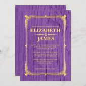 Paarse en goudbijtende Barn Wood Wedding Invitting Kaart (Voorkant / Achterkant)