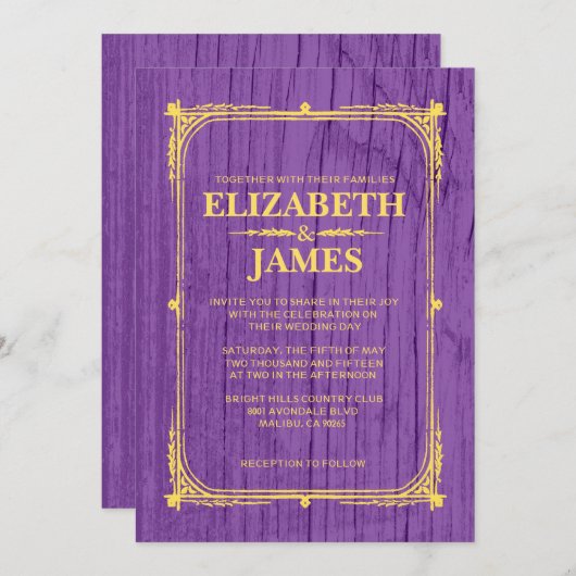 Paarse en goudbijtende Barn Wood Wedding Invitting Kaart (Voorkant / Achterkant)