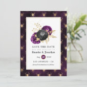 Paarse en goudbloemen Gothic Wedding Save The Date (Staand voorkant)