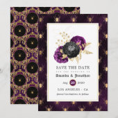 Paarse en goudbloemen Gothic Wedding Save The Date (Voorkant / Achterkant)