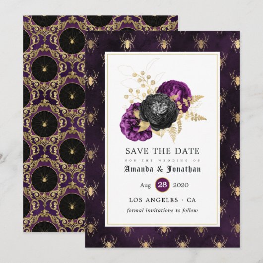 Paarse en goudbloemen Gothic Wedding Save The Date (Voorkant / Achterkant)