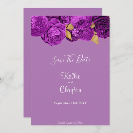 Paarse en goudbloemen sparen de datum save the date (Voorkant / Achterkant)