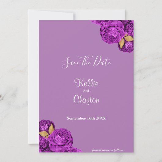 Paarse en goudbloemen sparen de datum save the date (Voorkant)