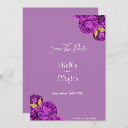 Paarse en goudbloemen sparen de datum save the date (Voorkant / Achterkant)