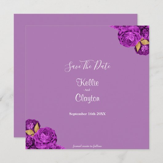 Paarse en goudbloemen sparen de datum save the date (Voorkant / Achterkant)