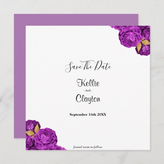 Paarse en goudbloemen sparen de datum save the date (Voorkant / Achterkant)