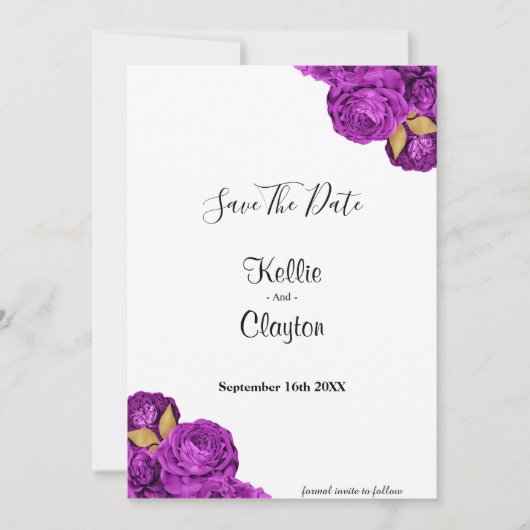 Paarse en goudbloemen sparen de datum save the date (Voorkant)