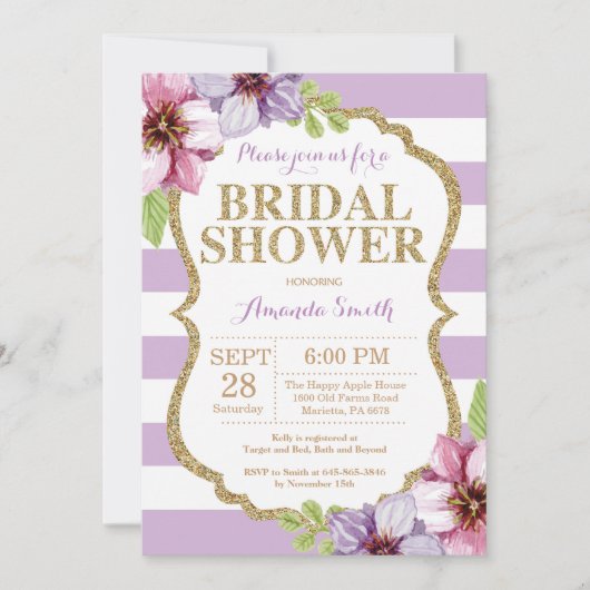 Paarse en goudbridal Shower Invitation Floral Kaart (Voorkant)