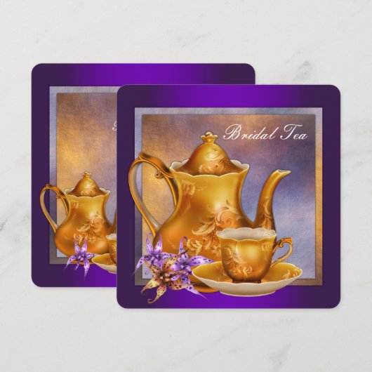 Paarse en goudbridale theepartij kaart (Voorkant / Achterkant)