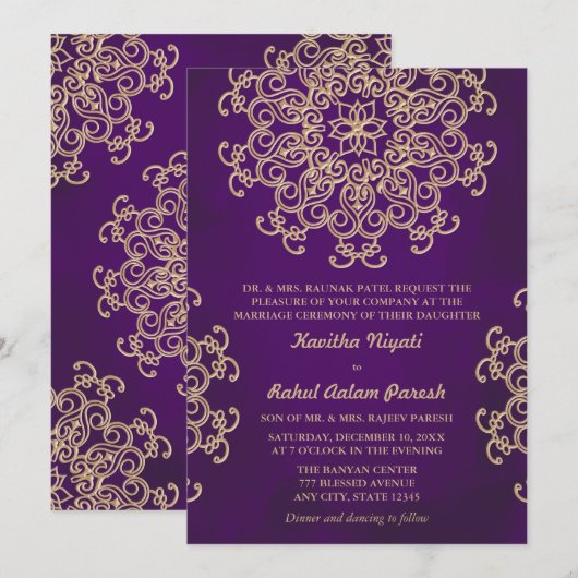 PAARSE EN GOUDE INDIAANSE STYLWEDINGINVITATIE KAART (Voorkant / Achterkant)