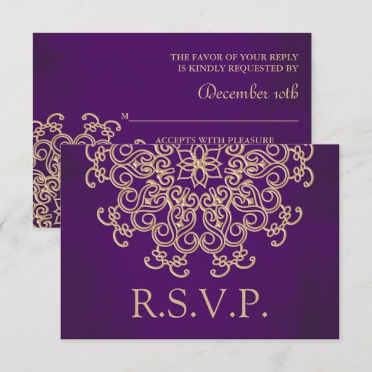 PAARSE EN GOUDE INDIASE REACTIE RSVP-KAART RSVP KAARTJE (Voorkant / Achterkant)