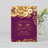 Paarse en goudelegante  bruiloft folie uitnodiging (Staand Voorkant)