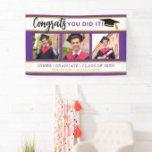 Paarse en gouden 3 fotocollage Congrats Afstudeerd Spandoek (Insitu)