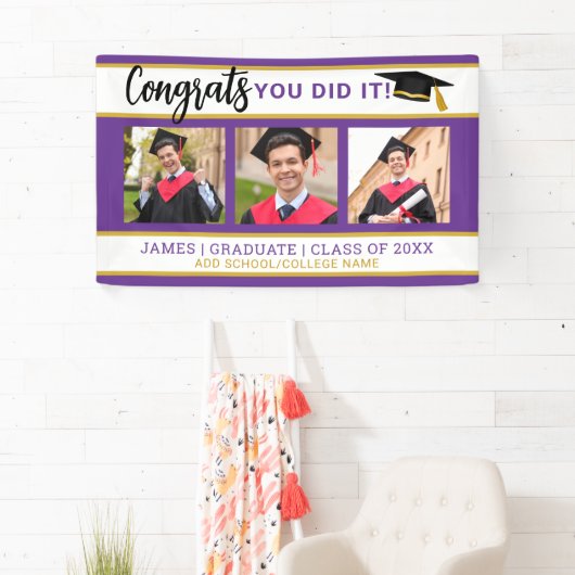 Paarse en gouden 3 fotocollage Congrats Afstudeerd Spandoek (Insitu)