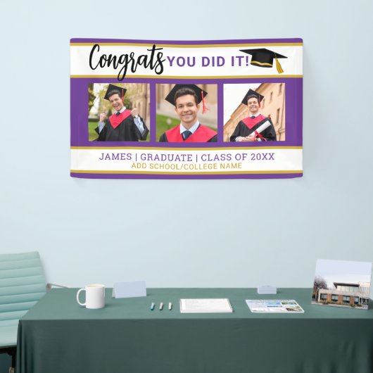 Paarse en gouden 3 fotocollage Congrats Afstudeerd Spandoek (Beurs)