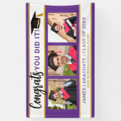 Paarse en gouden 3 fotocollage Congrats Afstudeerd Spandoek (Verticaal)