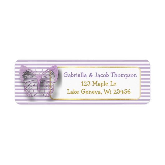Paarse en gouden 3D Vlinder Retouradres Label (Voorkant)
