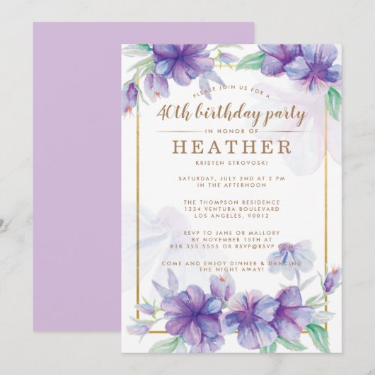 Paarse en gouden 40e verjaardag kaart (Voorkant / Achterkant)