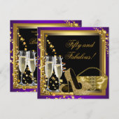 Paarse en gouden 50ste verjaardagsfeestje kaart (Voorkant / Achterkant)