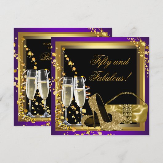 Paarse en gouden 50ste verjaardagsfeestje kaart (Voorkant / Achterkant)