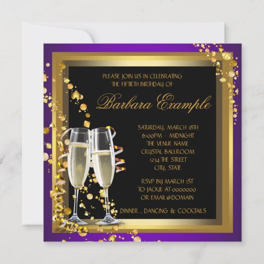 Paarse en gouden 50ste verjaardagsfeestje kaart (Achterkant)