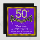 Paarse en gouden 50ste verjaardagsfeestje kaart (Voorkant / Achterkant)