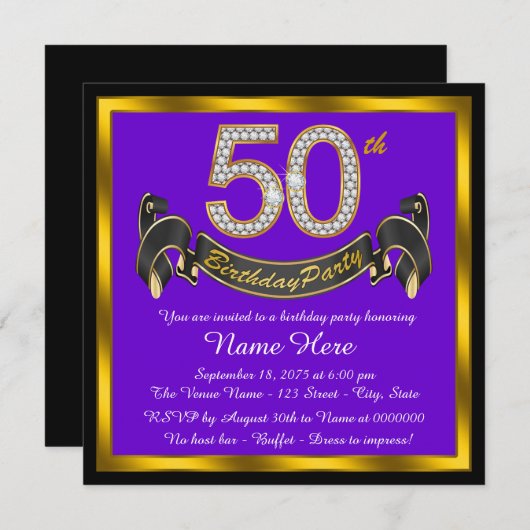 Paarse en gouden 50ste verjaardagsfeestje kaart (Voorkant / Achterkant)