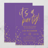 Paarse en gouden 50ste verjaardagsfeestje kaart (Voorkant / Achterkant)