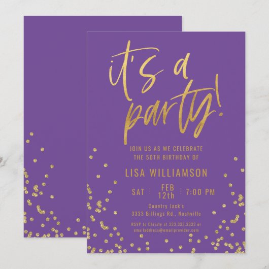 Paarse en gouden 50ste verjaardagsfeestje kaart (Voorkant / Achterkant)