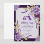paarse en gouden 60e verjaardagsuitnodiging kaart (Voorkant / Achterkant)