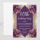 paarse en gouden 60e verjaardagsuitnodiging kaart (Voorkant / Achterkant)