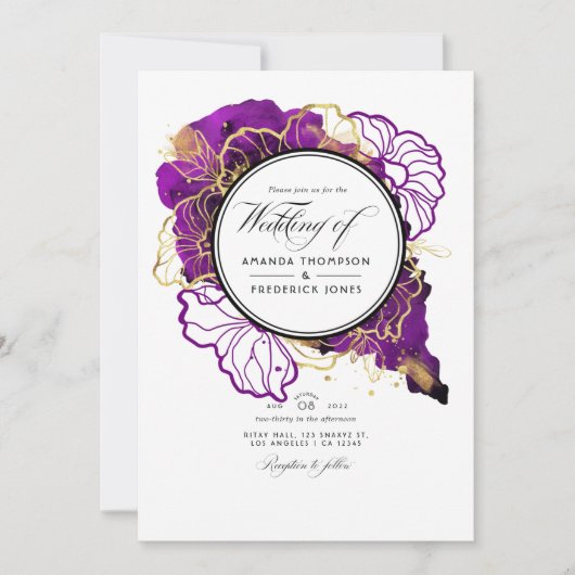 Paarse en gouden Abstracte Floral QR Code Weddensc Kaart (Voorkant)