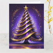 Paarse en gouden Abstracte kerstboom ontwerp Kaart (Gele Bloem)