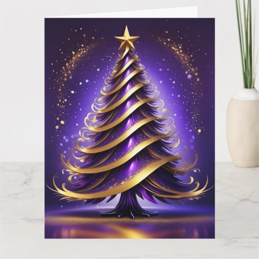 Paarse en gouden Abstracte kerstboom ontwerp Kaart (Voorkant)