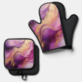 Paarse en gouden Abstracte luxe Ovenwant & Pannenlap Set (Voorkant / Achterkant)