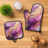 Paarse en gouden Abstracte luxe Ovenwant & Pannenlap Set (Top down)