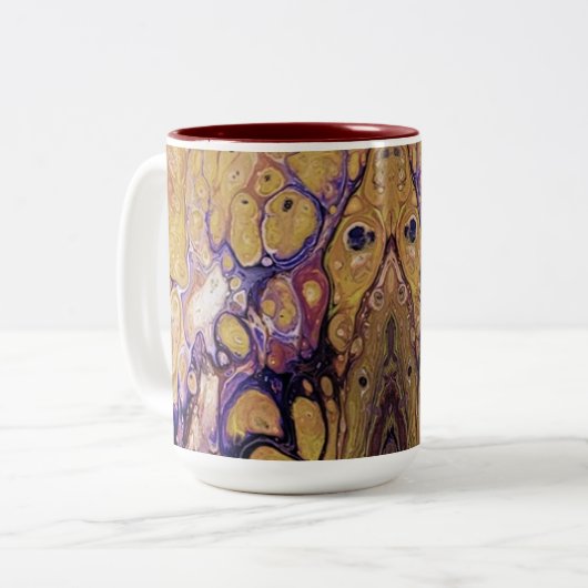 Paarse en gouden abstracte verf tweekleurige koffiemok (Voorkant links)